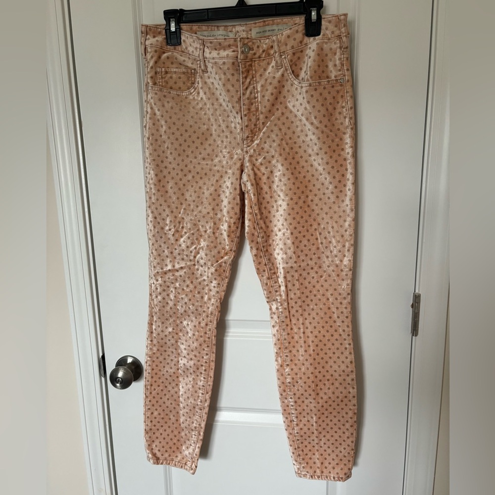 EUC Anthropologie Blush Pink Polka Dot Velvet Skinny Jeans